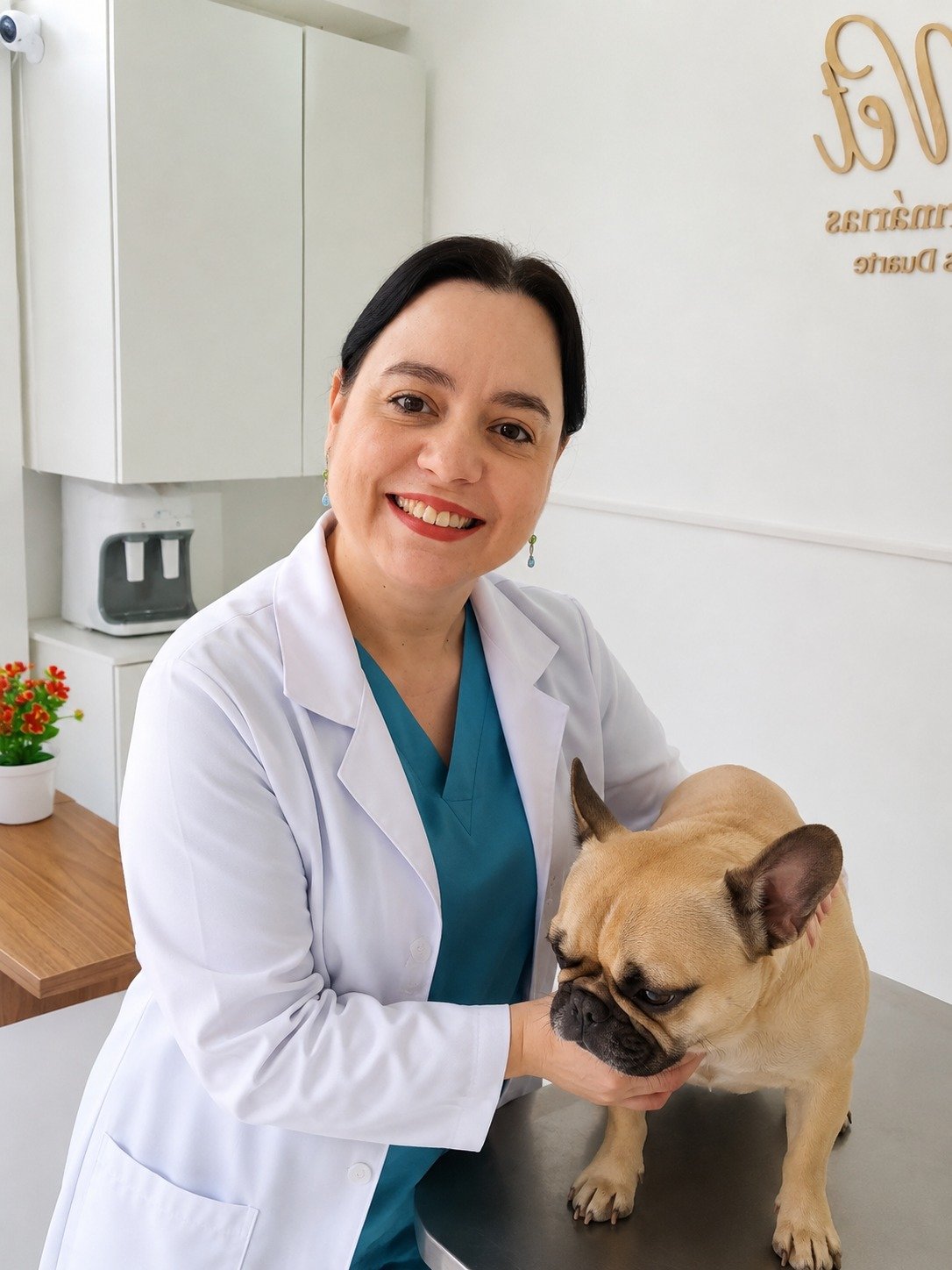 Dra. Carolinne examinando um buldogue francês na mesa de atendimento do CEMVet
