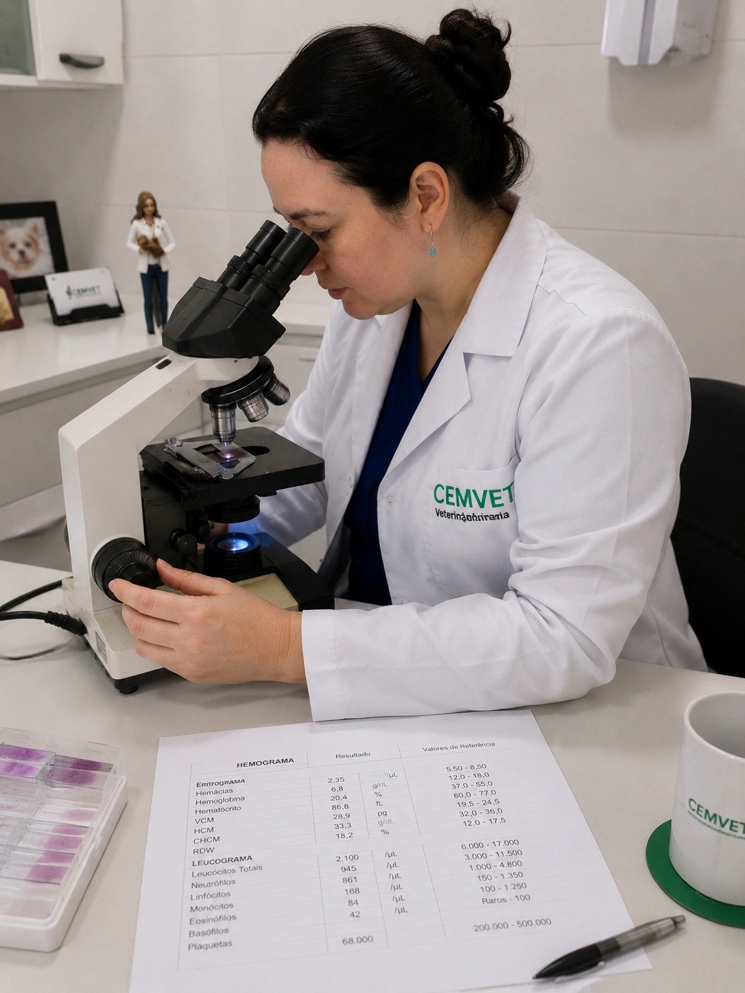 Dra. Carolinne analisando um hemograma ao microscópio no laboratório do CEMVet