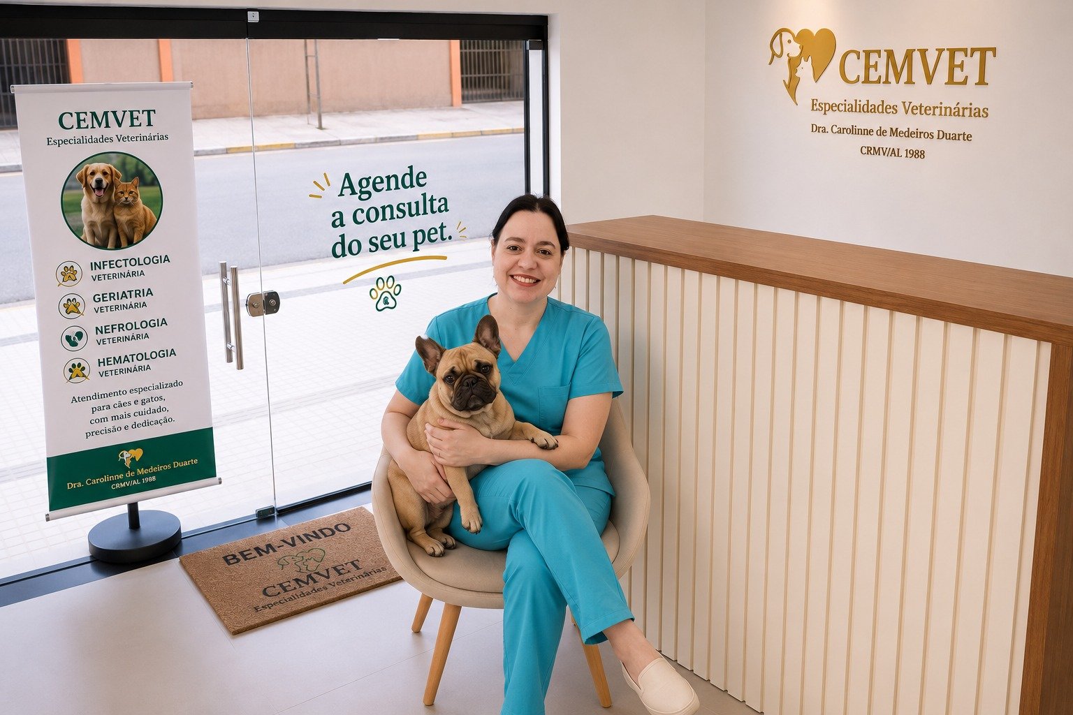 Dra. Carolinne de Medeiros Duarte na recepção do CEMVet, sentada com um buldogue francês no colo, com o logo e o totem de especialidades ao fundo